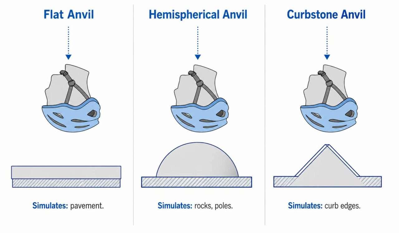 Technical diagram showing flat, hemispherical, and curbstone helmet drop-test anvils with upside-down helmeted headforms above each anvil.
