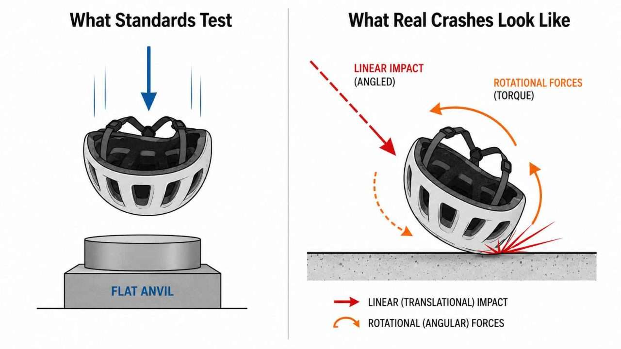 Split-panel infographic comparing bicycle helmet standards testing with real crash impacts, showing vertical linear impact on a flat anvil versus angled impact with rotational forces.