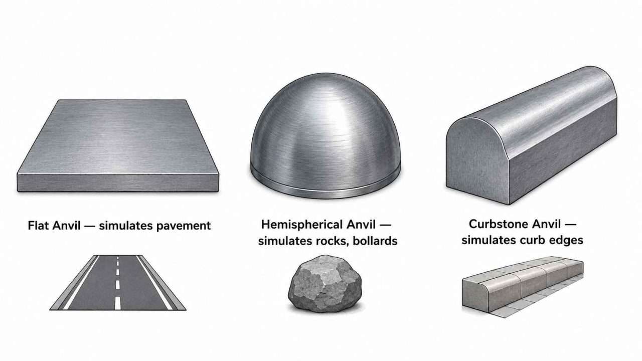 Technical diagram of flat, hemispherical, and curbstone steel anvils used for bicycle helmet impact testing.