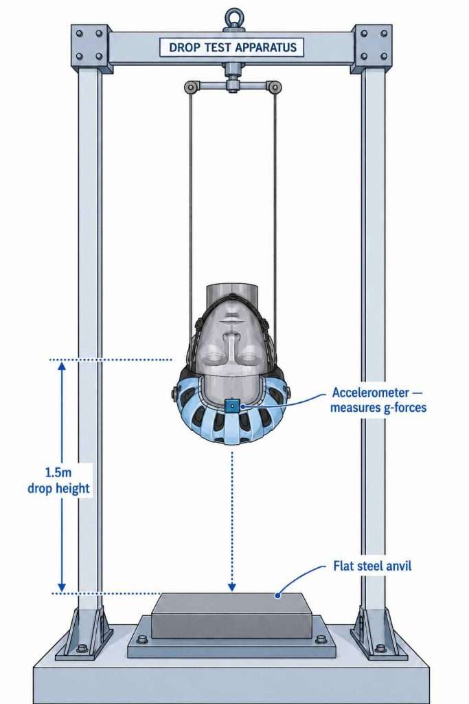 Technical diagram of an inverted metal headform wearing a bicycle helmet in a drop test apparatus above a flat steel anvil.