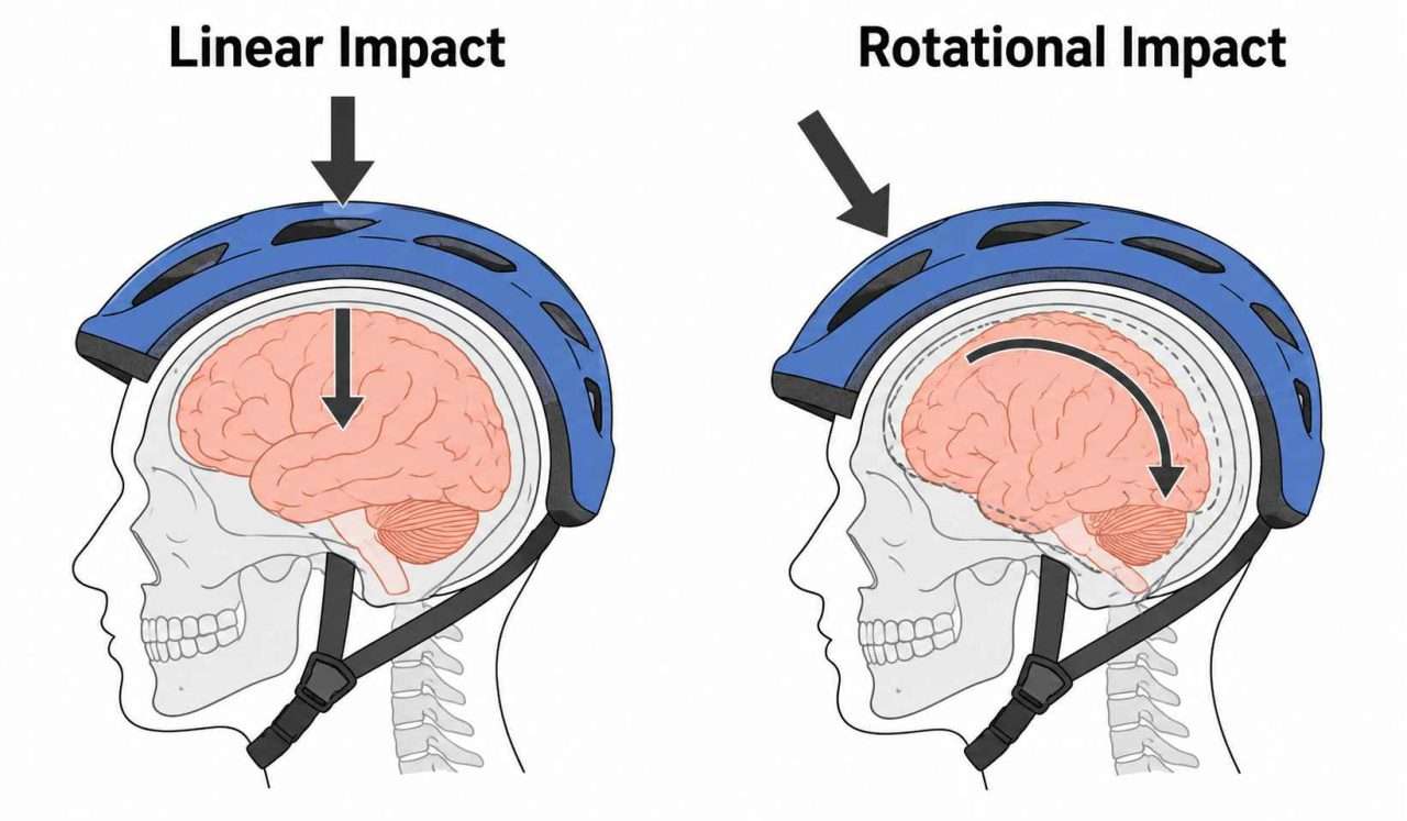 Educational diagram comparing linear impact and rotational impact on a helmeted head, showing direct downward force versus twisting brain motion from an angled impact.