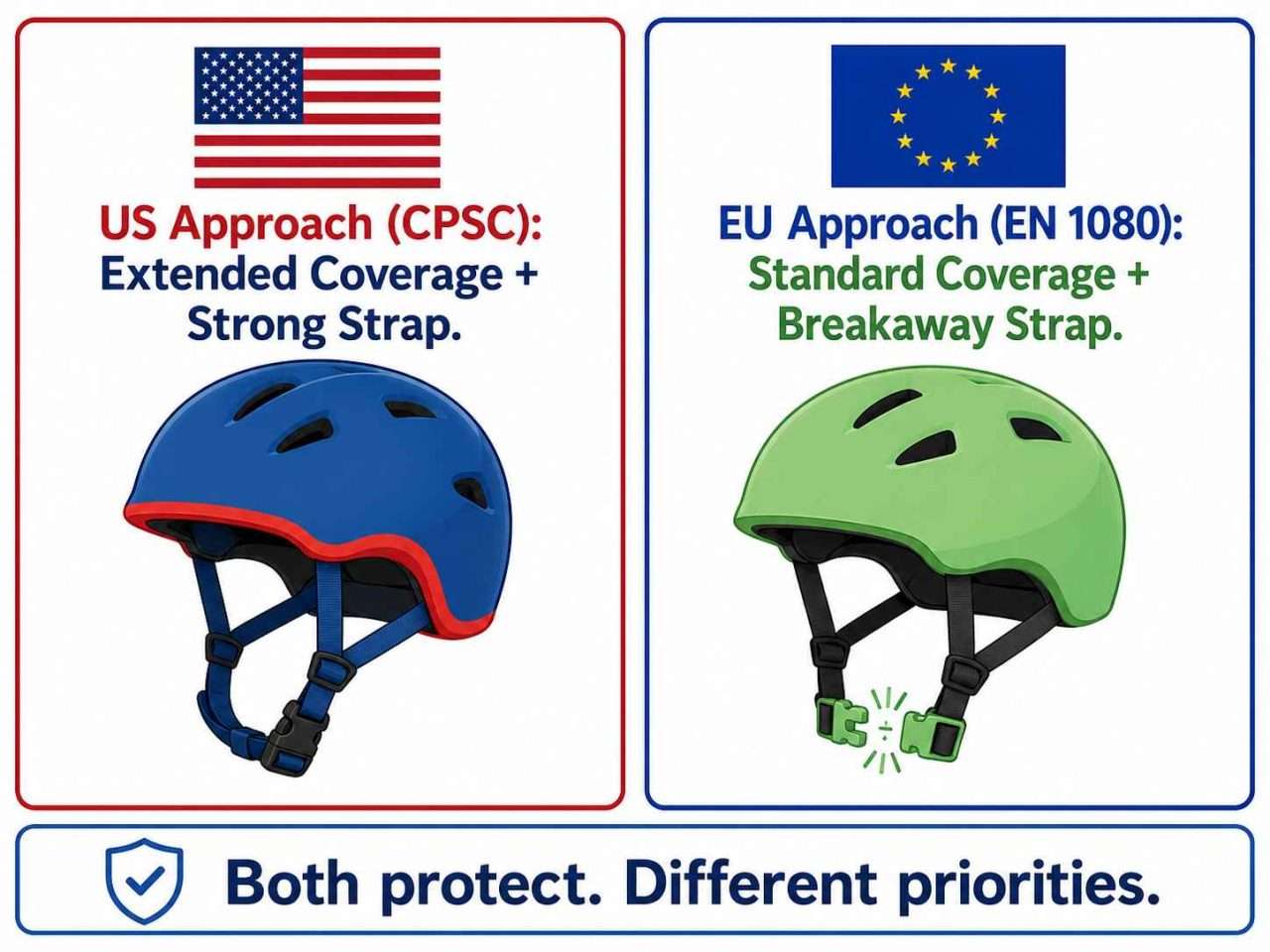 Infographic comparing the US CPSC children’s helmet approach with the EU EN 1080 breakaway strap approach.