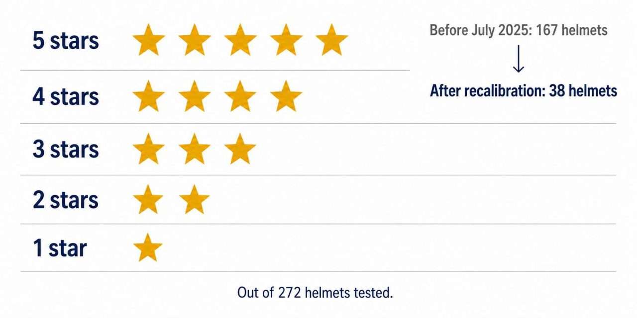 Infographic showing the Virginia Tech STAR helmet rating scale from 1 to 5 stars, with 5-star bicycle helmets reduced from 167 to 38 after July 2025 recalibration.