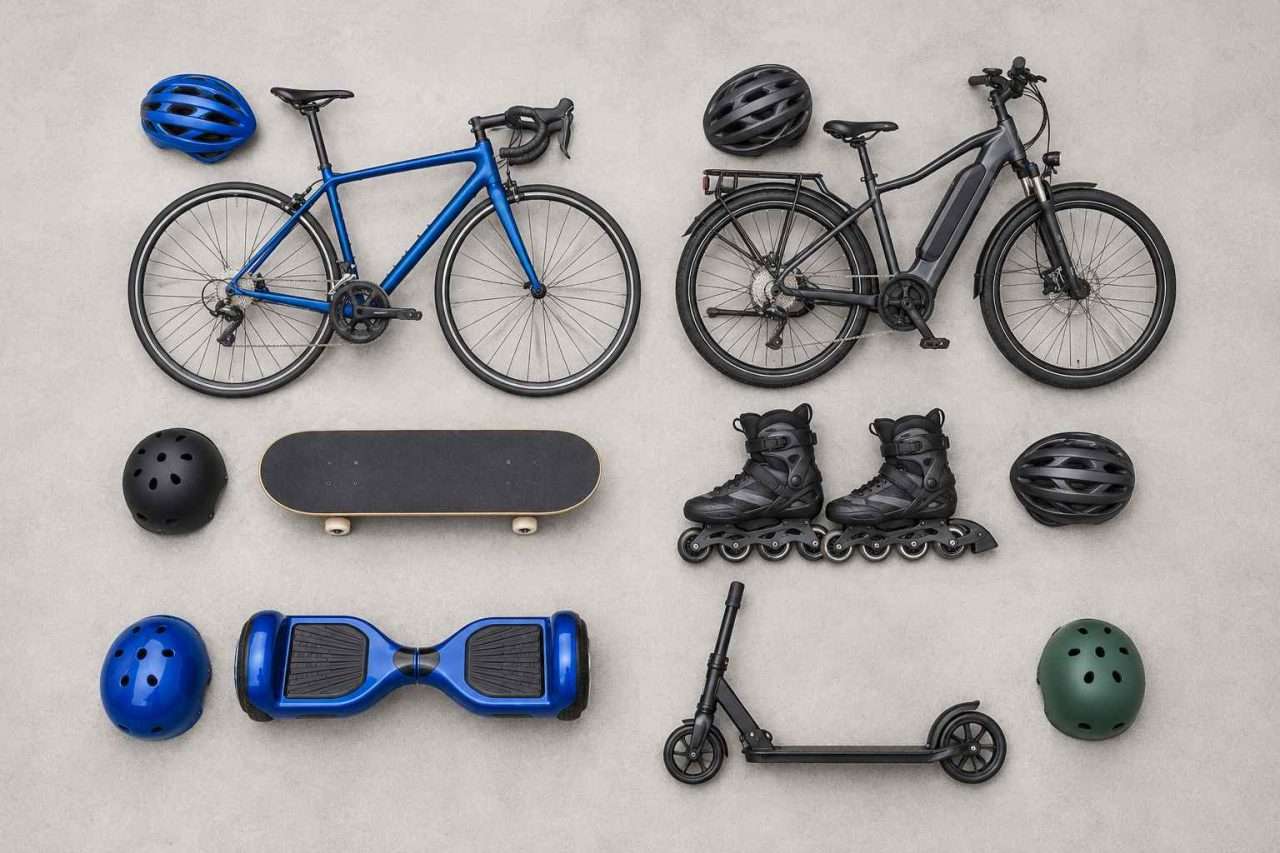 Overhead flatlay of six wheeled recreational devices with matching helmets on a light gray concrete background.