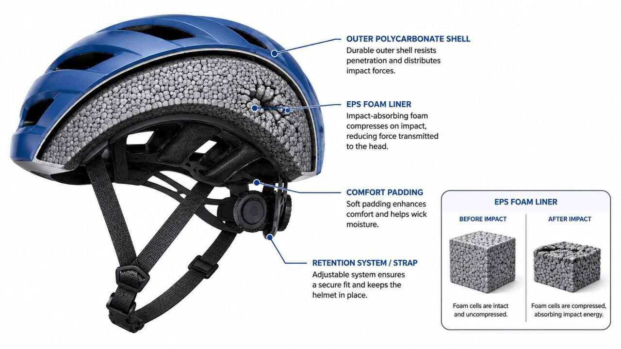 Cutaway diagram of a bicycle helmet showing the polycarbonate shell, EPS foam liner, comfort padding, retention system, and foam compression during impact.