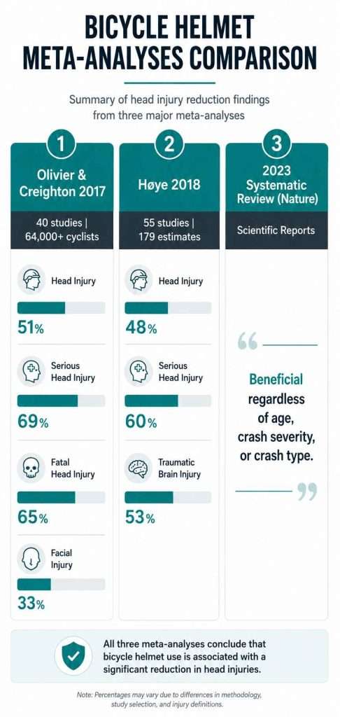 Infographic comparing three bicycle helmet meta-analyses, showing reductions in head, serious head, fatal head, facial, and traumatic brain injuries across major research reviews.