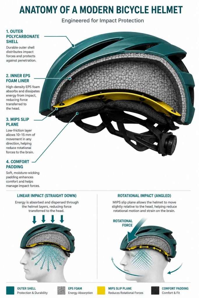 Cross-section diagram of a bicycle helmet showing the outer shell, EPS foam liner, MIPS slip plane, comfort padding, and the effects of linear and rotational impacts.