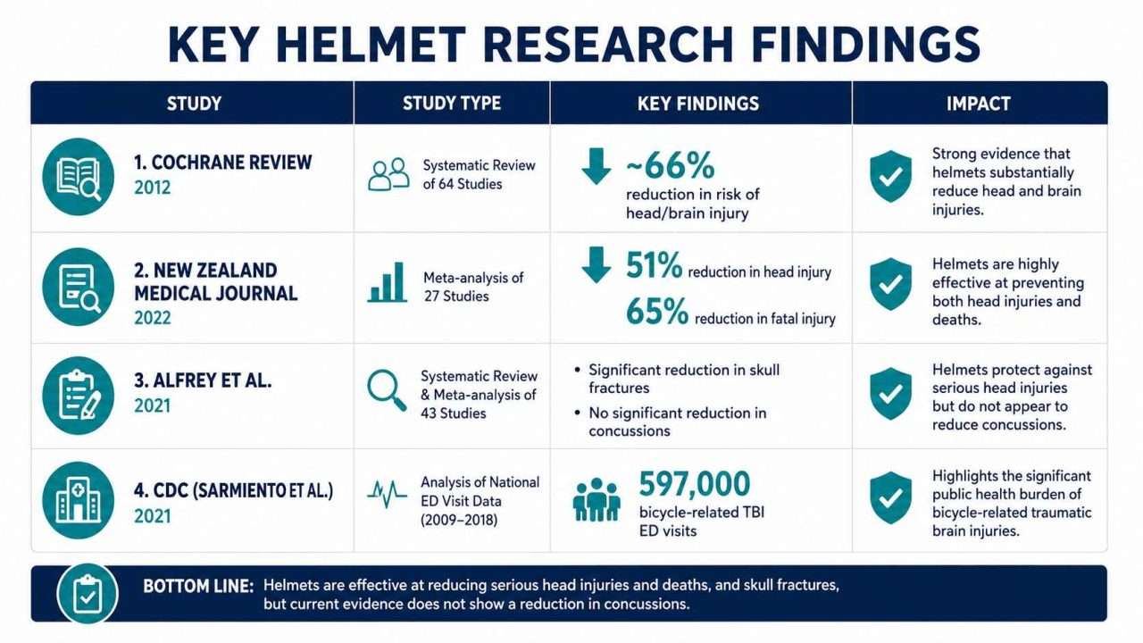 Infographic table summarizing major bicycle helmet research findings, including head injury reduction rates, concussion outcomes, and traumatic brain injury statistics.