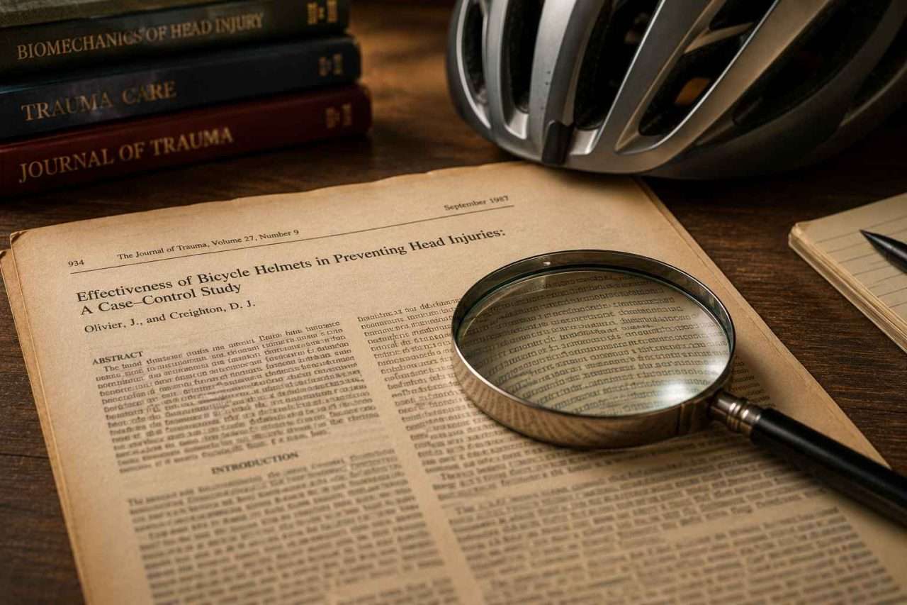 Magnifying glass resting on a vintage medical journal article about bicycle helmet safety, with a modern bicycle helmet blurred in the background.