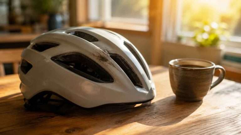 Close-up of a bicycle helmet with a visible scuff mark resting upside down on a wooden table beside a cup of coffee in warm morning sunlight.
