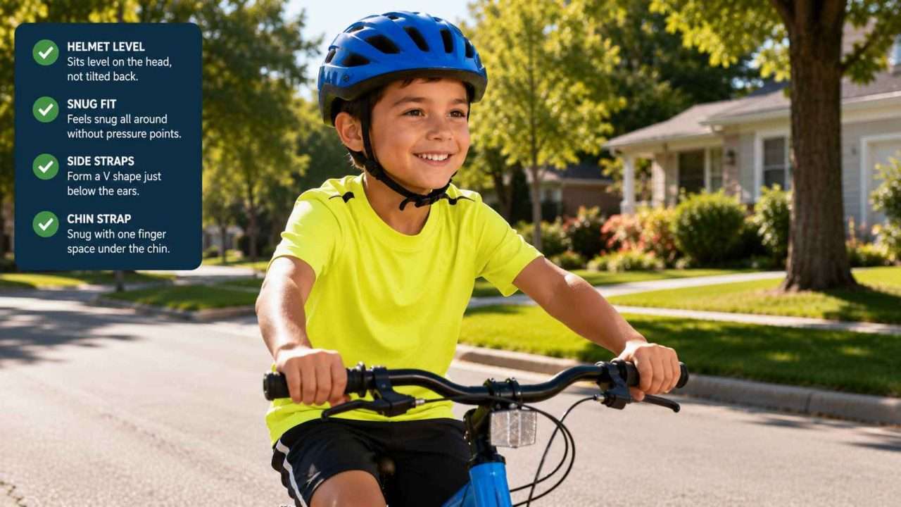 Smiling child riding a bicycle on a suburban street while wearing a properly fitted bicycle helmet positioned level on the head.