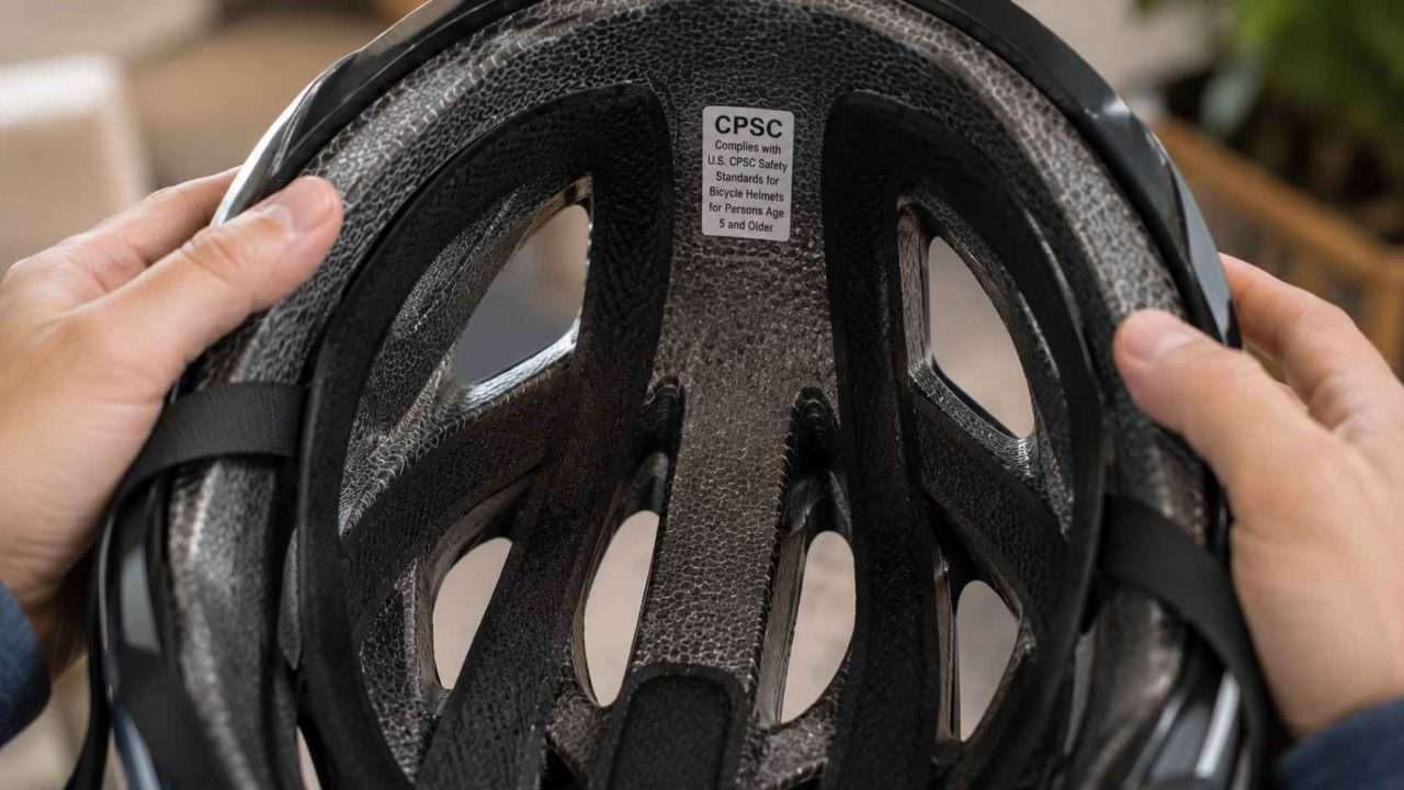 Close-up of the inside of a CPSC-certified bicycle helmet showing the EPS foam liner, comfort padding, and safety certification label during a pre-ride inspection.