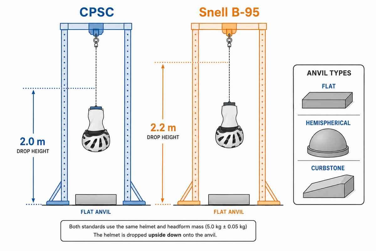 Infographic comparing bicycle helmet drop test heights: CPSC at 2.0 meters and Snell B-95 at 2.2 meters, with anvil types inset.