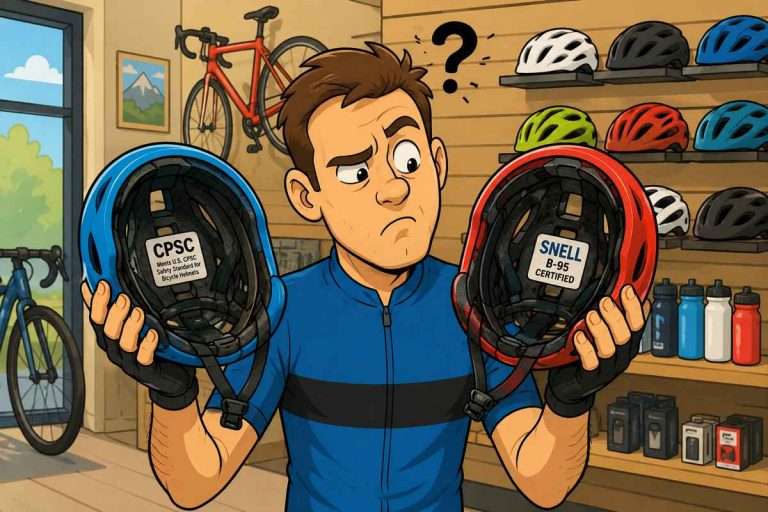 Cyclist comparing CPSC and SNELL labels inside two bicycle helmets while standing in a bicycle shop.