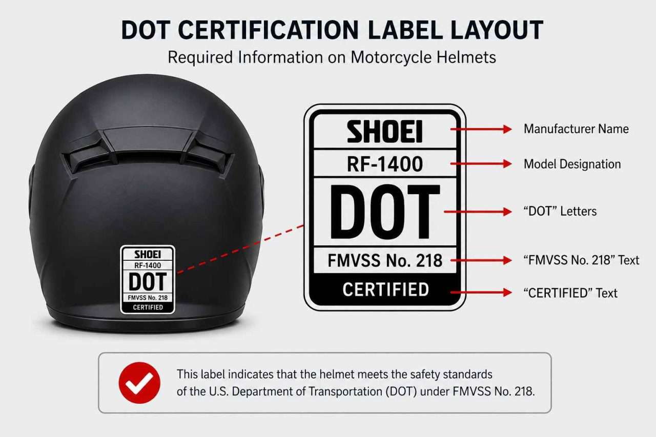Diagram showing the required DOT certification label layout on a motorcycle helmet, including manufacturer name, model designation, DOT letters, FMVSS No. 218 text, and CERTIFIED text.