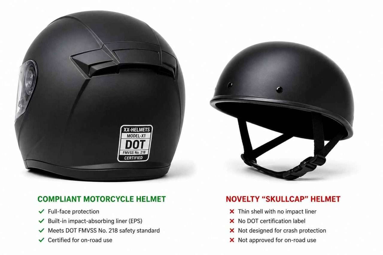 Side-by-side comparison of a DOT-compliant full-face motorcycle helmet and a thin novelty skullcap helmet without a protective impact liner.