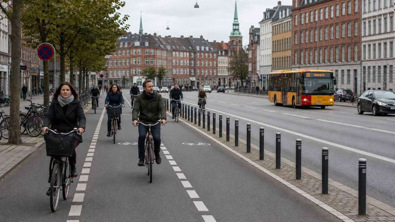 Cyclists riding on a separated bike lane in a Northern European city with protected cycling infrastructure, bollards, and urban traffic under overcast skies.