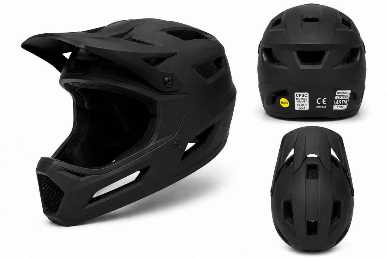 Matte black full-face downhill mountain bike helmet with CPSC certification sticker shown from multiple angles on a white background.