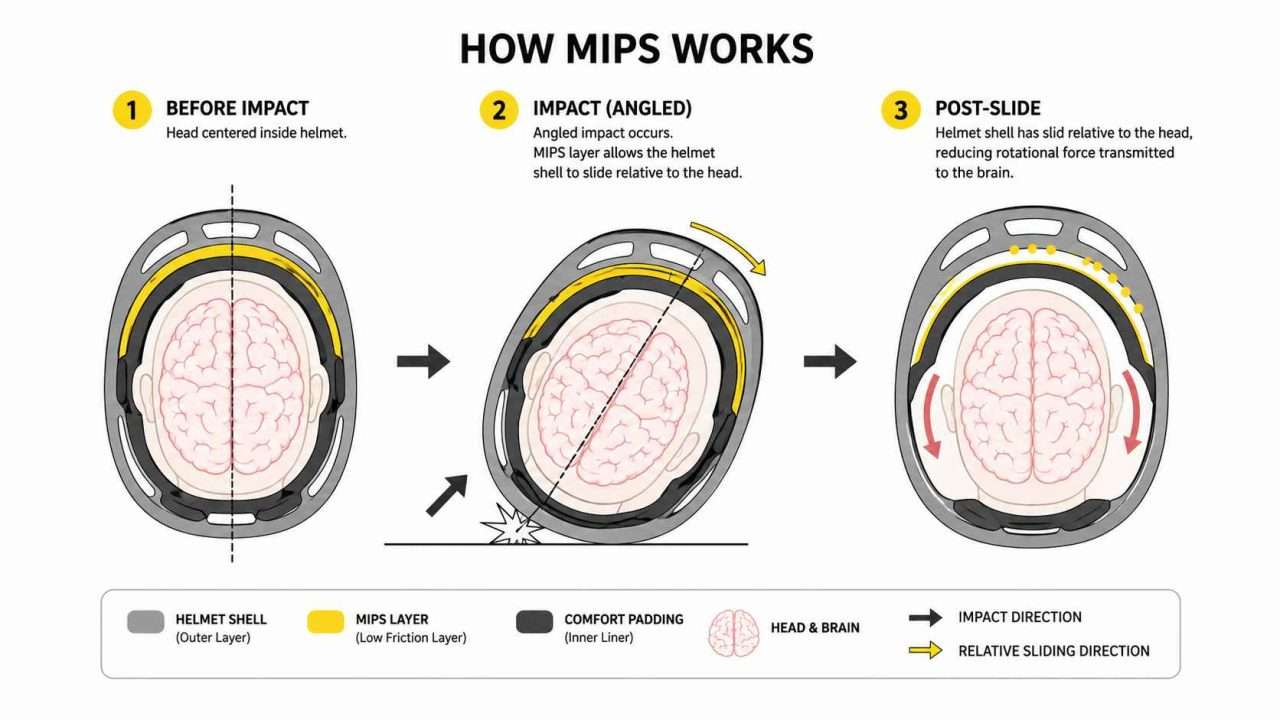 Three-stage diagram showing how MIPS technology allows a bicycle helmet to slide relative to the head during an angled impact to reduce rotational forces.