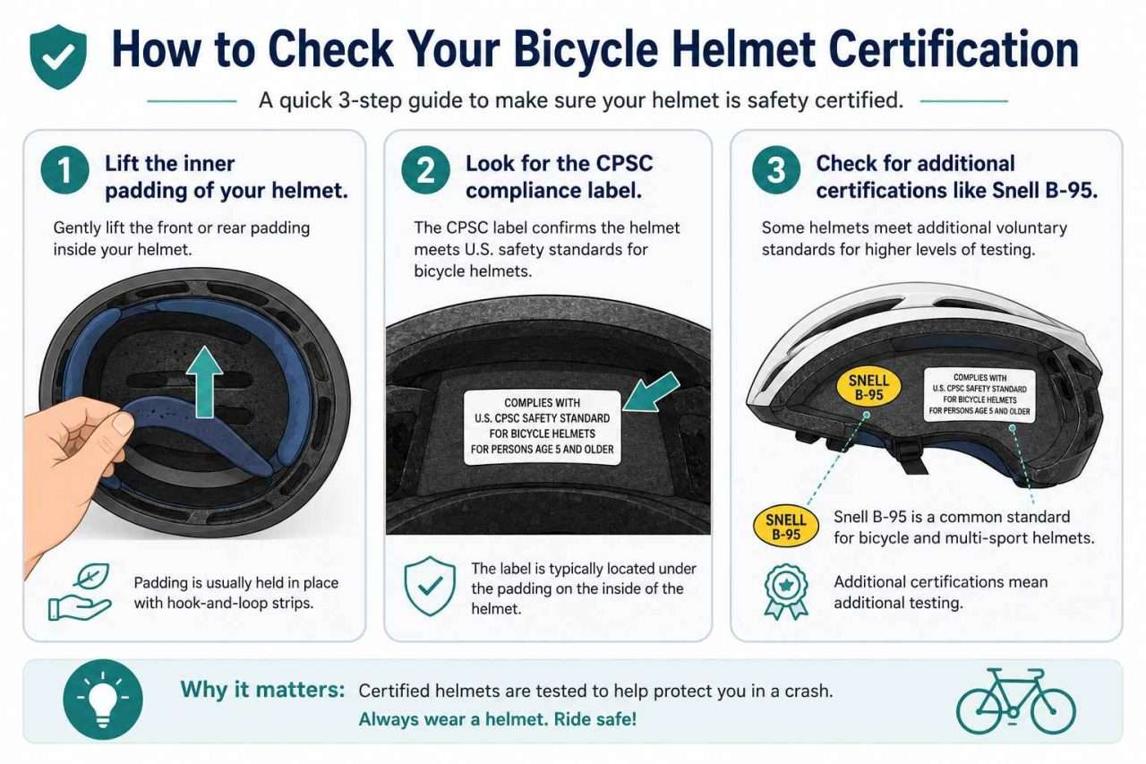 Infographic showing how to check bicycle helmet certification by lifting helmet padding, finding the CPSC label, and checking for Snell B-95 certification.