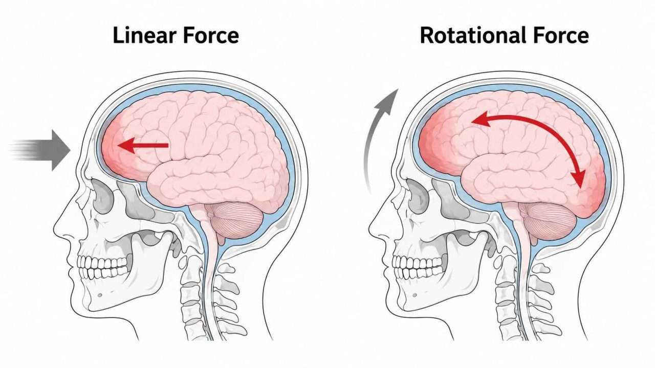 Medical illustration comparing linear force and rotational force on the brain, showing brain movement inside the skull during impact with directional arrows.