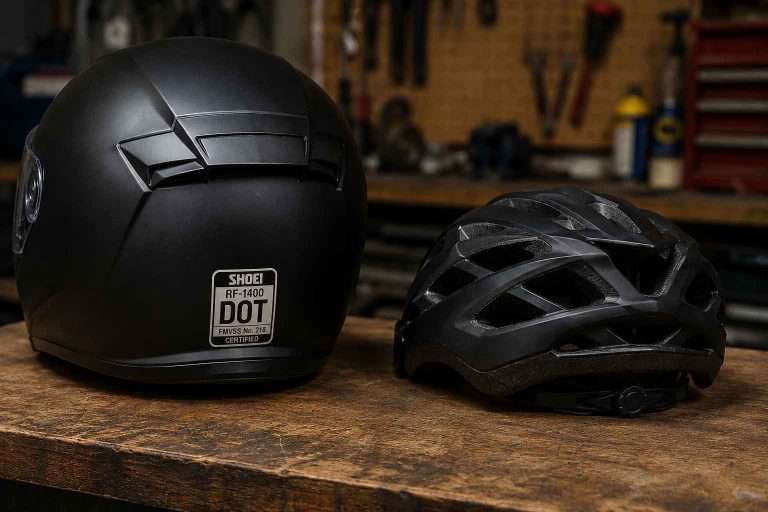 Close-up of a motorcycle helmet displaying a DOT certification sticker beside a bicycle helmet without a DOT label on a workshop workbench.