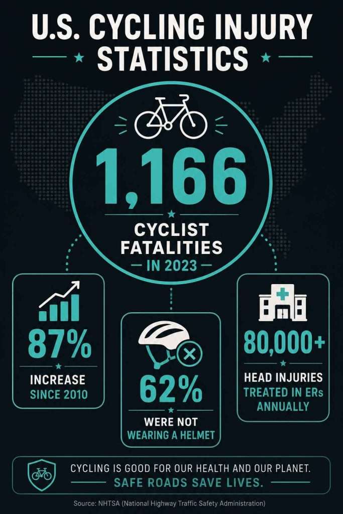 Infographic showing U.S. cycling injury statistics, including 1,166 cyclist fatalities in 2023, an 87% increase since 2010, 62% of fatalities involving riders without helmets, and more than 80,000 head injuries treated in emergency rooms annually.