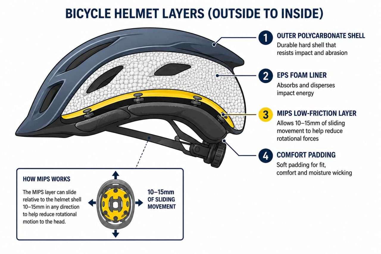 Cross-section diagram of a bicycle helmet showing the outer polycarbonate shell, EPS foam liner, MIPS low-friction layer, comfort padding, and a 10–15 mm sliding movement inset.