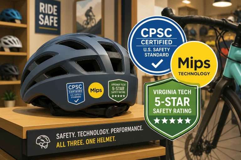 Illustration of a bicycle helmet displaying MIPS technology, CPSC certification, and a Virginia Tech 5-Star helmet rating to show all three can apply to one helmet.