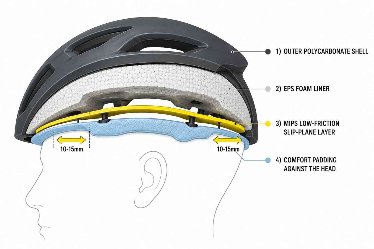 Cross-section diagram of a bicycle helmet showing the MIPS slip-plane layer between the EPS foam liner and comfort padding with labeled protective layers.