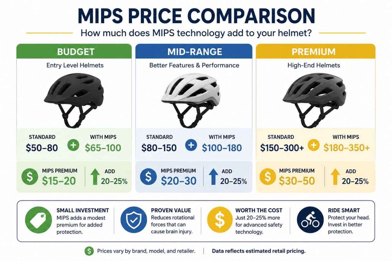 Price comparison infographic showing budget, mid-range, and premium bicycle helmet tiers with the typical additional cost of MIPS technology.