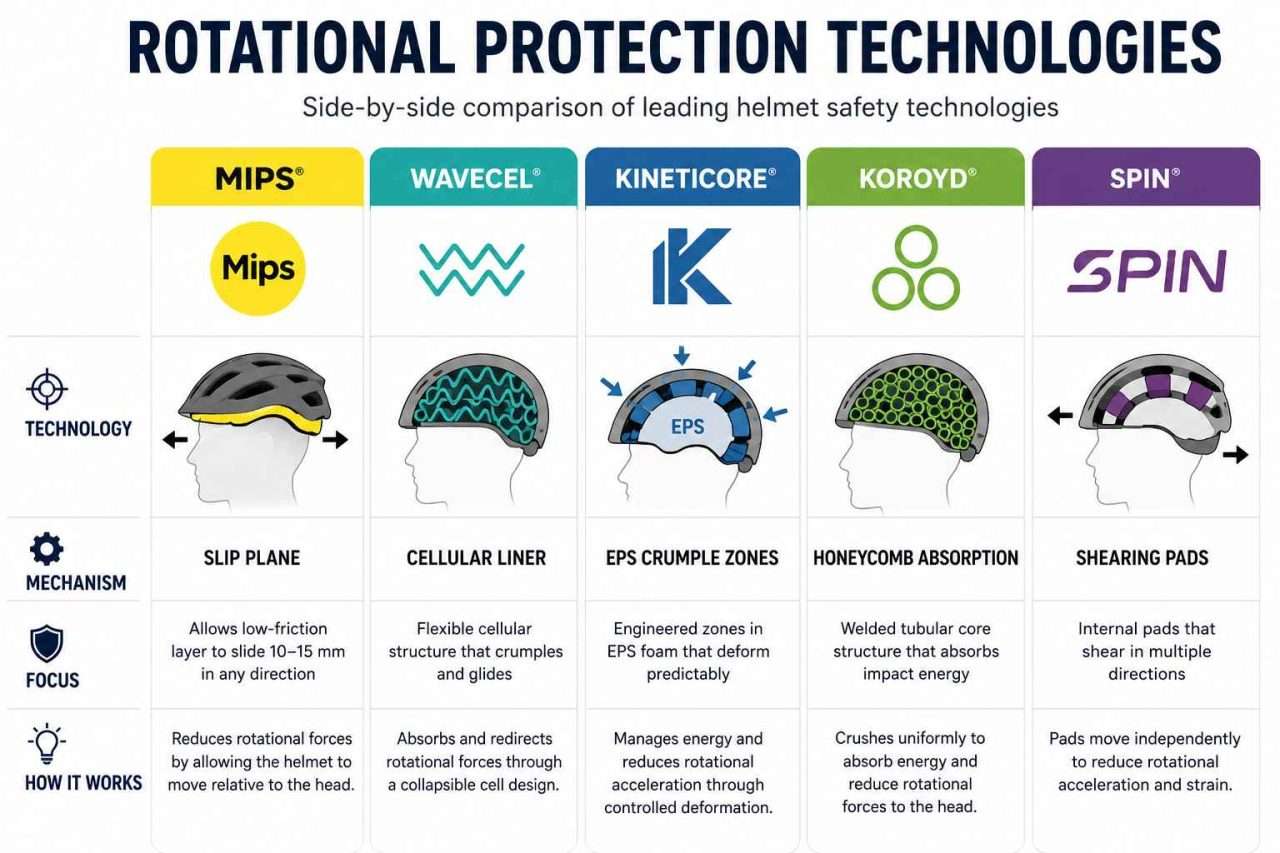 Comparison infographic of bicycle helmet rotational impact protection technologies including MIPS, WaveCel, KinetiCore, Koroyd, and SPIN, showing how each system works.