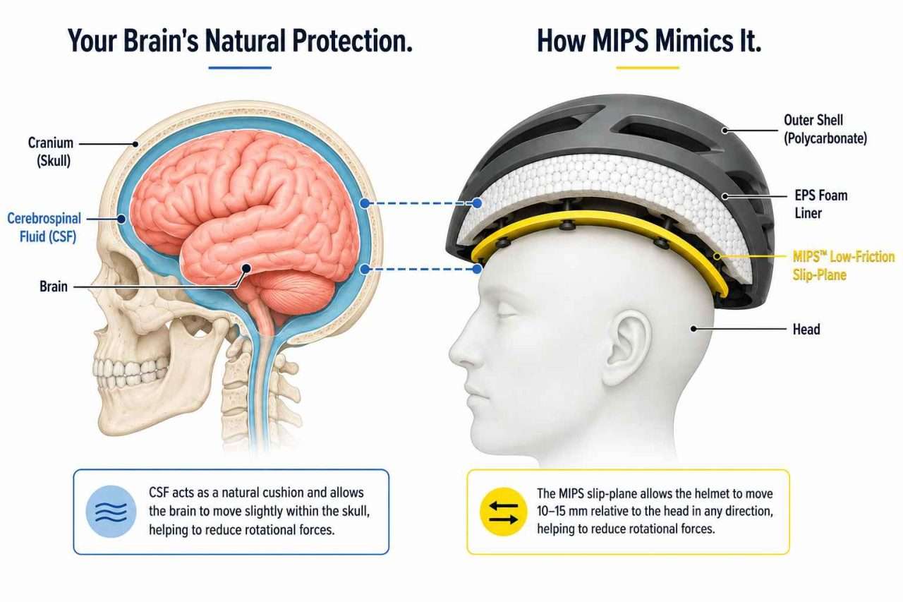 Side-by-side infographic comparing the brain's cerebrospinal fluid cushioning with the MIPS slip-plane system inside a bicycle helmet.
