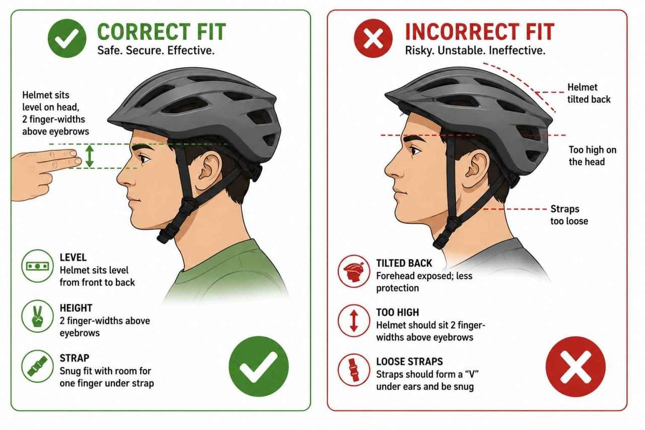 Illustration comparing correct and incorrect bicycle helmet fit, showing proper forehead coverage, snug chin straps, and incorrect rear-tilted helmet positioning.