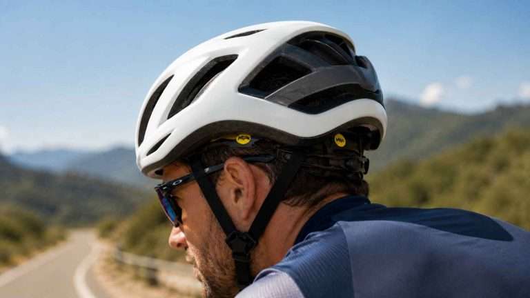 Cyclist wearing a modern road bicycle helmet with a partially visible yellow MIPS liner while riding on a sunny mountain road.