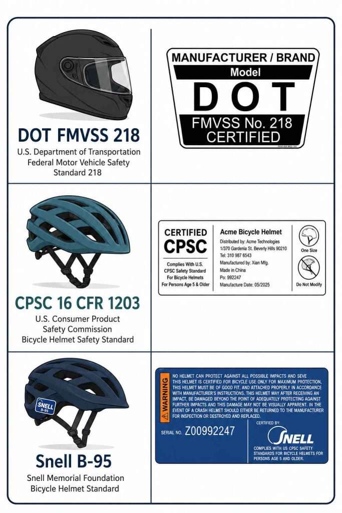 Infographic comparing DOT FMVSS 218, CPSC 16 CFR 1203, and Snell B-95 helmet safety standards with helmet types and key test categories.