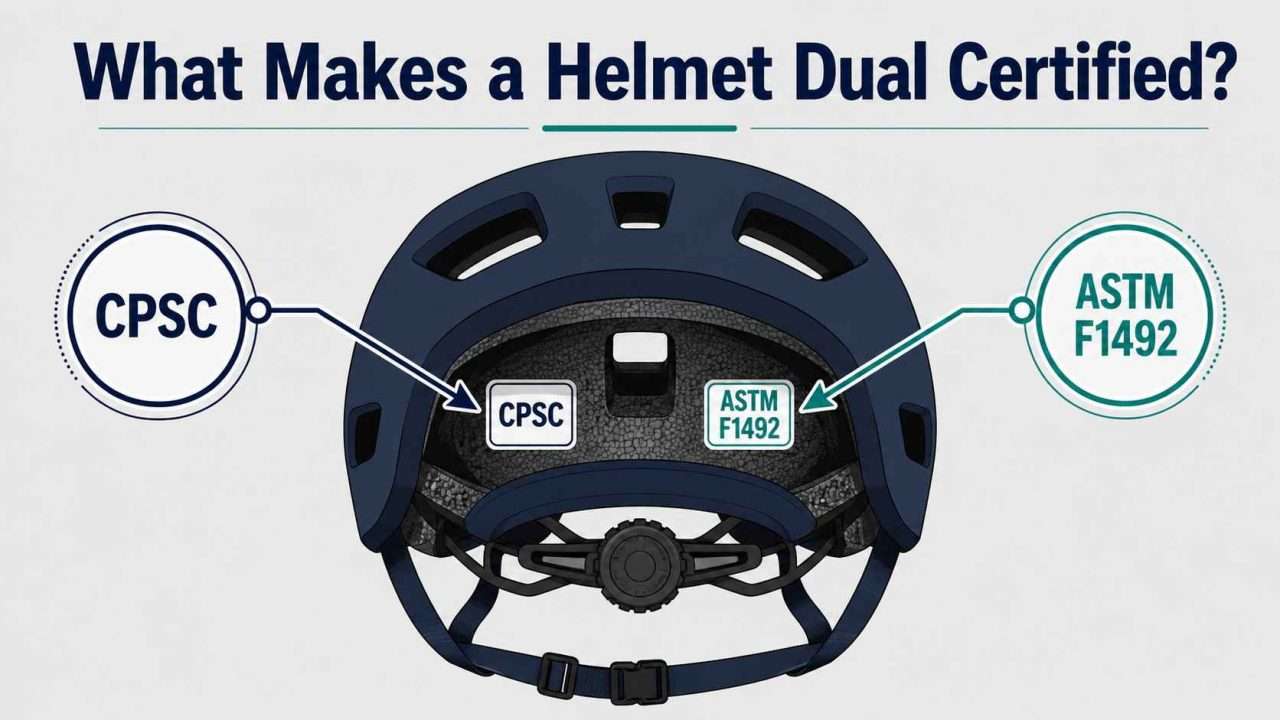 Infographic showing a dual-certified bicycle helmet with CPSC and ASTM F1492 certification stickers highlighted using arrows.