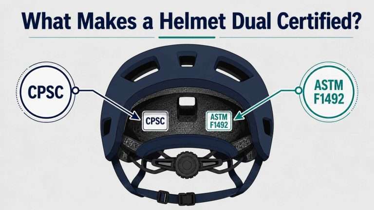 Infographic showing a dual-certified bicycle helmet with CPSC and ASTM F1492 certification stickers highlighted using arrows.