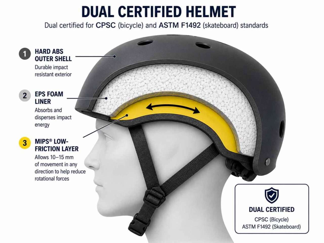 Cutaway diagram of a dual-certified helmet showing the ABS outer shell, EPP foam liner, and MIPS low-friction layer.