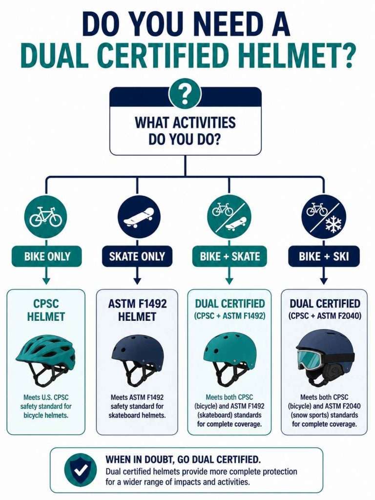 Decision tree infographic showing which helmet certification to choose for biking, skateboarding, or multiple sports.
