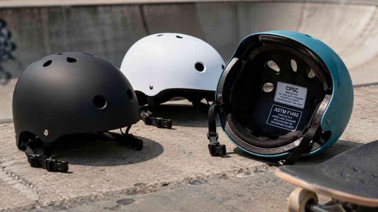 Three skate-style helmets on a skatepark surface, with one helmet turned upside down displaying CPSC and ASTM F1492 certification stickers.