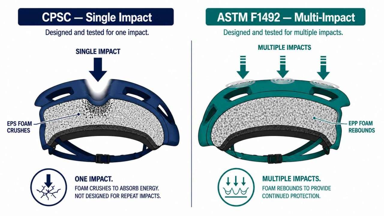 Comparison diagram showing EPS foam in a CPSC single-impact bicycle helmet versus EPP foam in an ASTM F1492 multi-impact skateboard helmet.