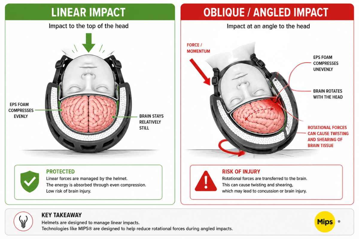 Comparison diagram showing linear and rotational impacts on a helmeted head with brain movement during different types of crashes.