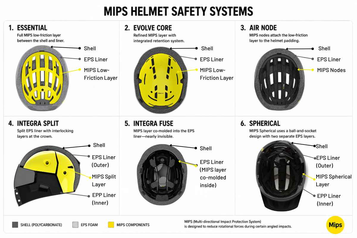 Comparison infographic showing six types of MIPS helmet safety systems with cross-section illustrations of their internal designs.