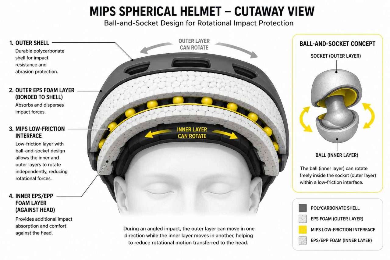 Cutaway diagram of a MIPS Spherical bicycle helmet showing the ball-and-socket design with dual foam layers and low-friction interface.