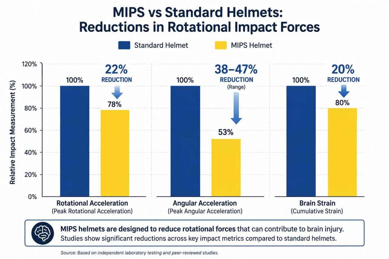 Bar chart infographic comparing MIPS and standard bicycle helmets, showing reductions of 22% rotational acceleration, 38–47% angular acceleration, and 20% brain strain with MIPS technology.