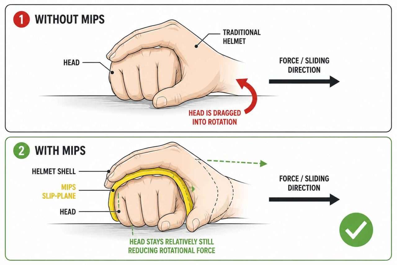 Two-panel illustration demonstrating how a MIPS bicycle helmet slip-plane reduces rotational motion compared with a traditional helmet.