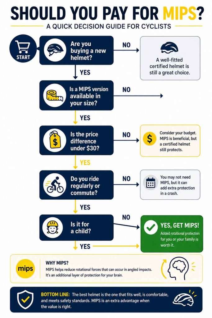 Decision flowchart helping cyclists decide whether to pay extra for a MIPS bicycle helmet based on availability, price, riding frequency, and whether the helmet is for a child.