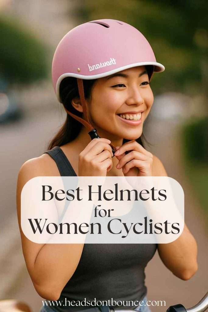 Asian woman adjusting bicycle helmet strap.