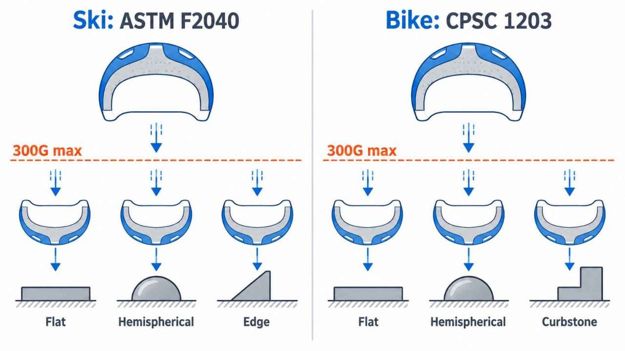 ASTM F2040 ski helmet and CPSC 1203 bike helmet impact test comparison.
